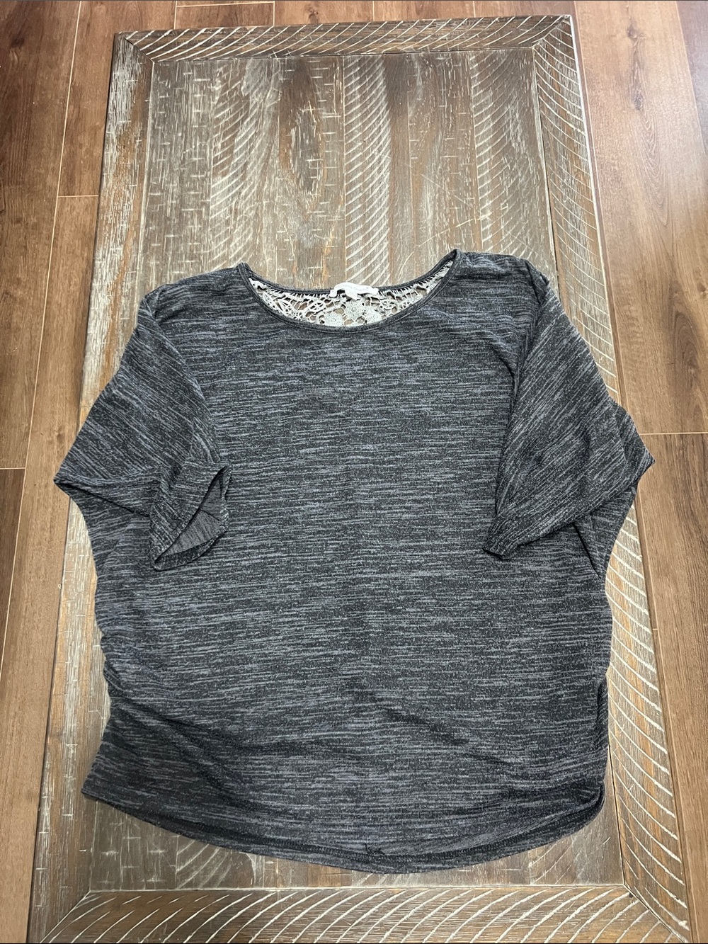 Extra Touch Gray Heather Short Sleeve Tee with Lace Back Accent